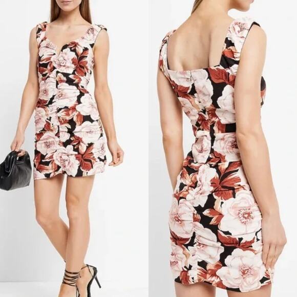 NEW! Express Floral Print Linen-Blend V-Bar Ruched Mini Dress XS Chic $98 - Picture 1 of 8